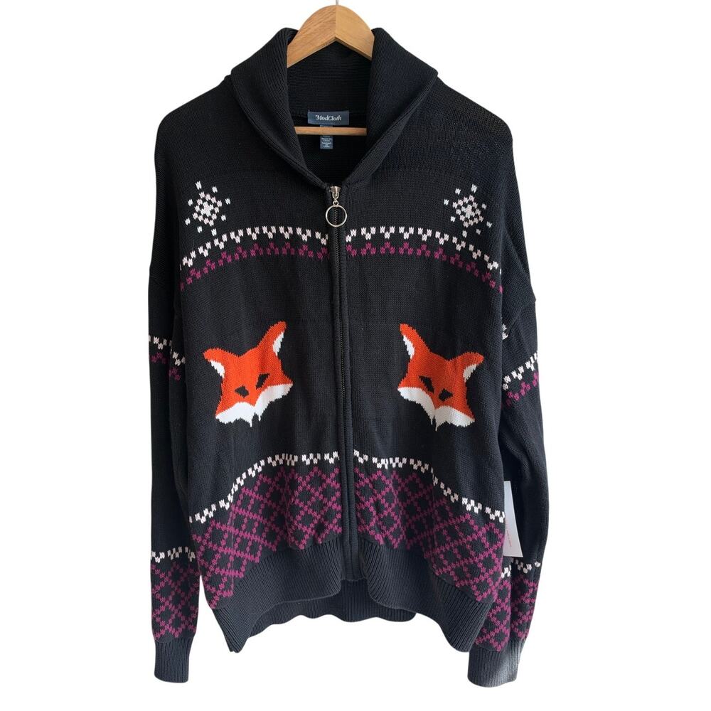 ModCloth Fox Full Zip Cotton Cardigan Sweater XL NEW